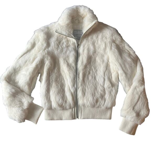 Wilsons Leather Maxima Women’s Collared Zip Up White Rabbit Fur Bomber Jacket M - Picture 1 of 8